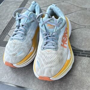 HOKA women's Summer Song blue / orange Bondi 8 running shoes 7.5D